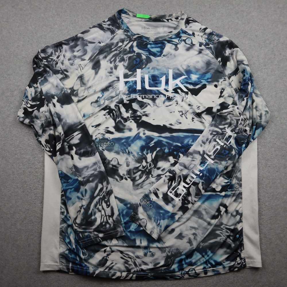 Huk Shirt Mens L Performance Fishing Blue Mossy Oak Elements Hydro Camo Long Slv